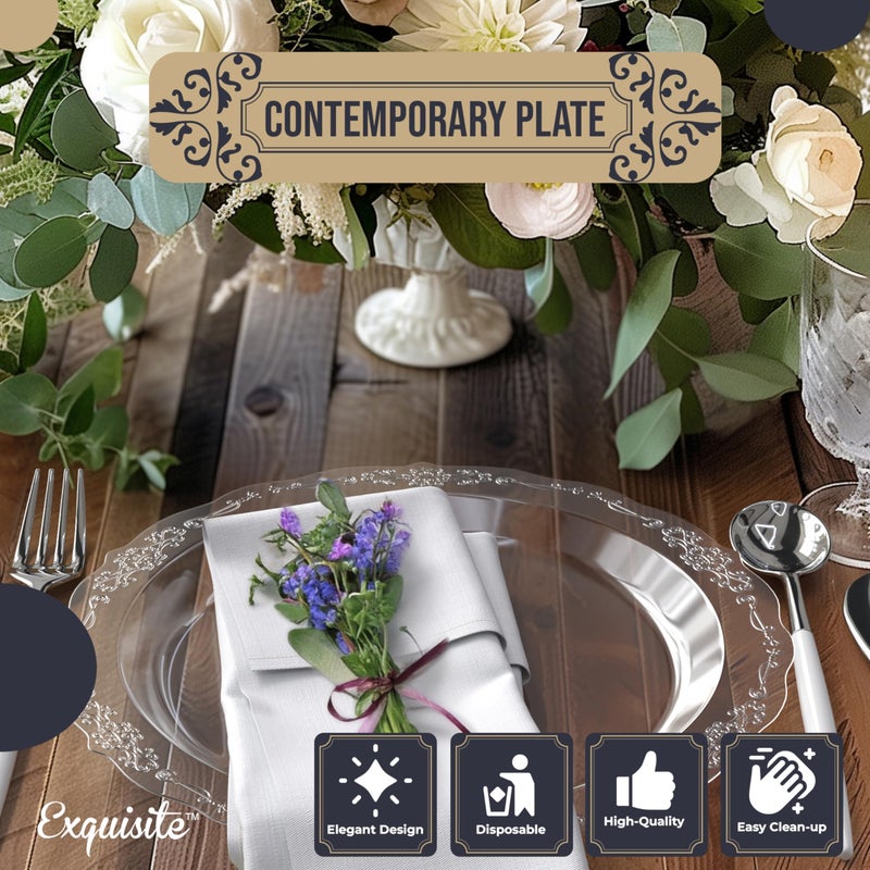 Exquisite Victorian Plastic Plates - 60 Piece Disposable Party Set for 60 Guests - 10 Inch Clear Dessert Plates - Heavy Duty - Image 3